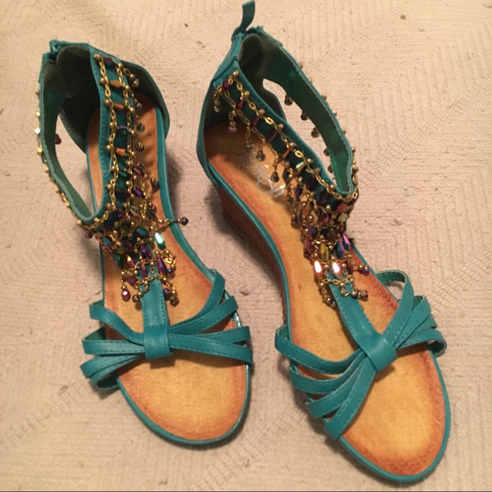 Teal Beaded Wedge Sandals